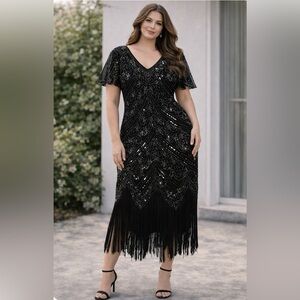 Fundsusy Black Sequin Beaded Fringe Flapper Style Dress. P2P 21-24, Size Large